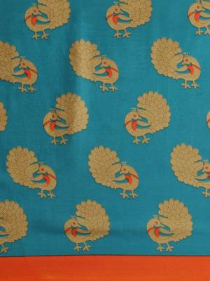 Turquoise printed polycotton saree with blouse 3