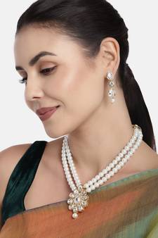 Traditional Gold Plated Pearl & Kundan Necklace Set With Earrings For Women