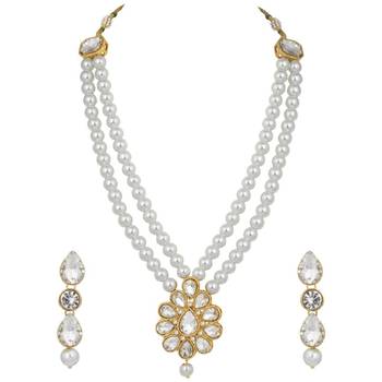 Traditional Gold Plated Pearl & Kundan Necklace Set With Earrings For Women 2