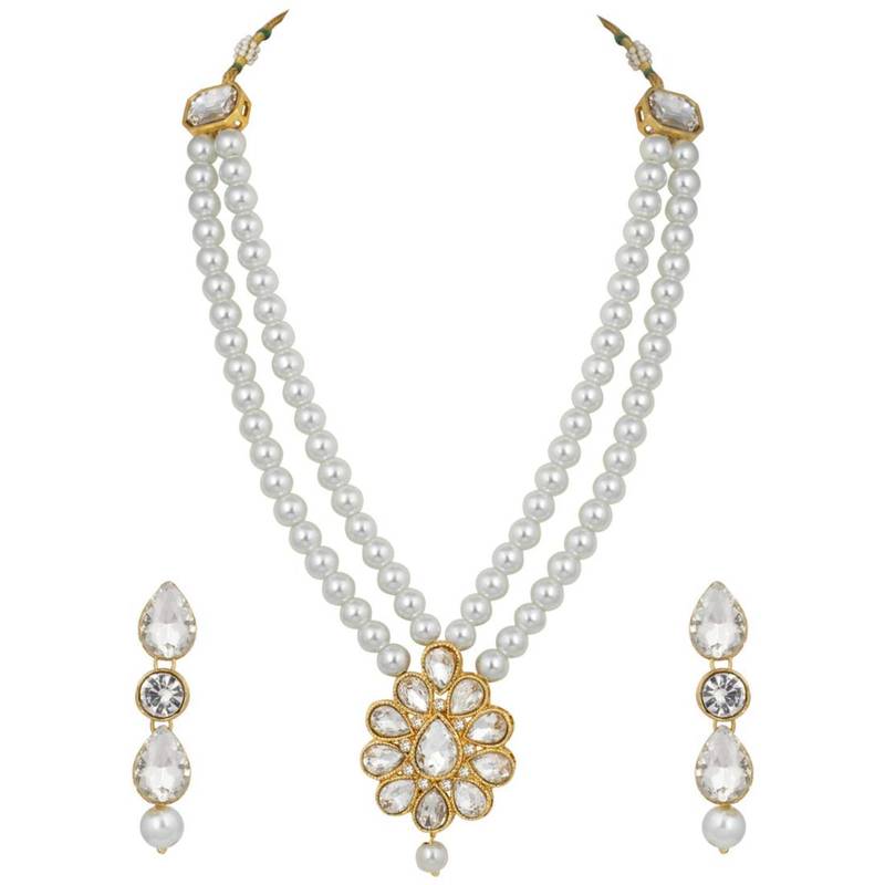 Traditional Gold Plated Pearl & Kundan Necklace Set With Earrings For Women