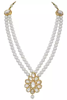 Traditional Gold Plated Pearl & Kundan Necklace Set With Earrings For Women