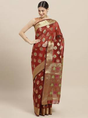 Maroon printed polycotton saree with blouse 1