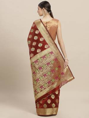 Maroon printed polycotton saree with blouse 2