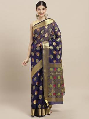 Dark blue printed polycotton saree with blouse 1