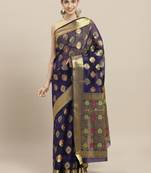 Dark blue printed polycotton saree with blouse