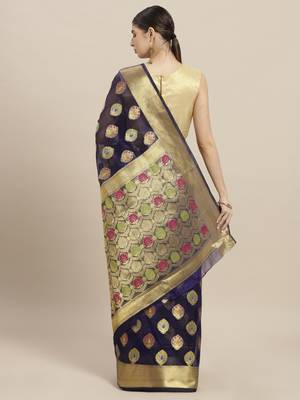 Dark blue printed polycotton saree with blouse 2