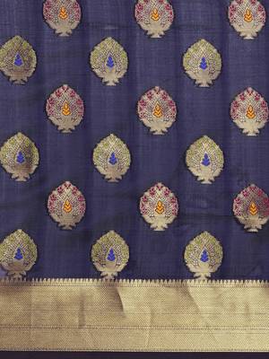 Dark blue printed polycotton saree with blouse 3