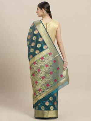 Light blue printed art silk saree with blouse 2