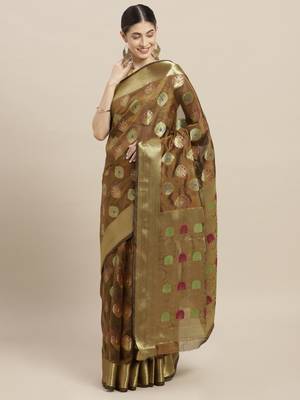 Brown printed art silk saree with blouse 2