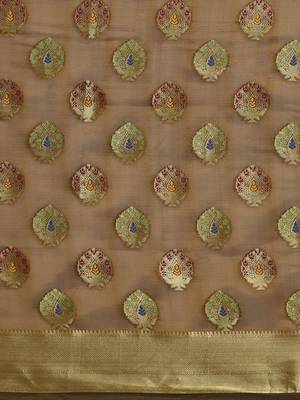 Brown printed art silk saree with blouse 3