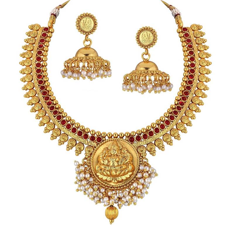 Temple Jewellery Laxmi Pendant Necklace Set With Earrings For Women