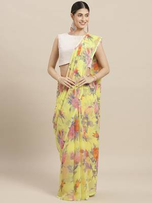 Yellow printed art silk saree with blouse 1