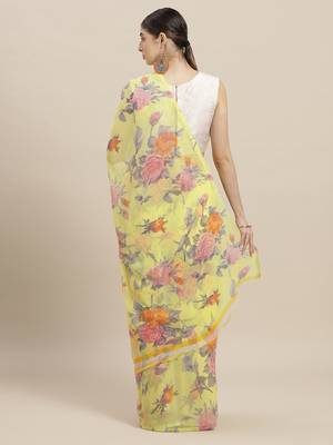 Yellow printed art silk saree with blouse 2