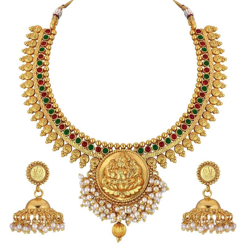 Temple Jewellery Laxmi Pendant Necklace Set With Earrings For Women
