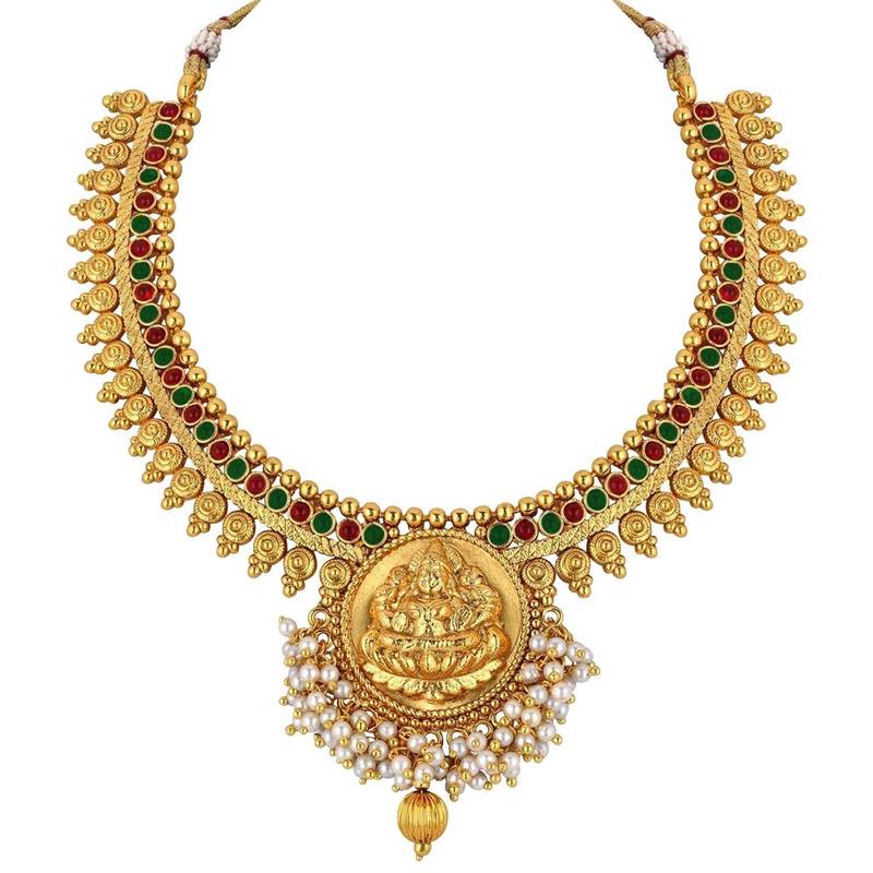 Temple Jewellery Laxmi Pendant Necklace Set With Earrings For Women