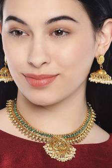 24K Gold Plated Temple Jewellery Laxmi Pendant Necklace Set With Earrings For Women