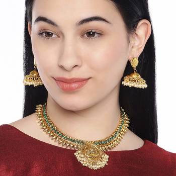 24K Gold Plated Temple Jewellery Laxmi Pendant Necklace Set With Earrings For Women 1
