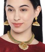 24K Gold Plated Temple Jewellery Laxmi Pendant Necklace Set With Earrings For Women