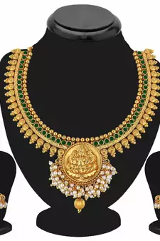 24K Gold Plated Temple Jewellery Laxmi Pendant Necklace Set With Earrings For Women