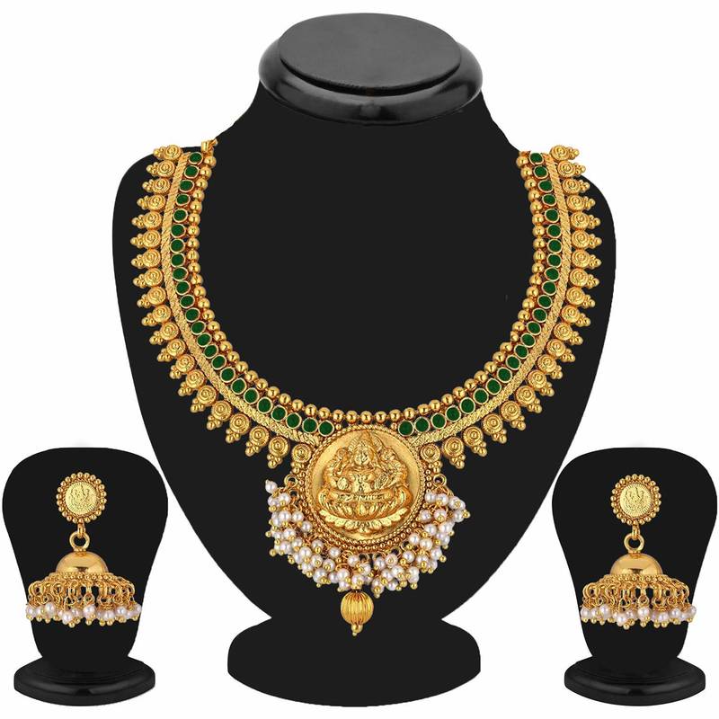 24K Gold Plated Temple Jewellery Laxmi Pendant Necklace Set With Earrings For Women