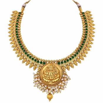 24K Gold Plated Temple Jewellery Laxmi Pendant Necklace Set With Earrings For Women 3