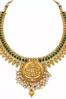 24K Gold Plated Temple Jewellery Laxmi Pendant Necklace Set With Earrings For Women