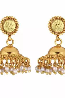 24K Gold Plated Temple Jewellery Laxmi Pendant Necklace Set With Earrings For Women