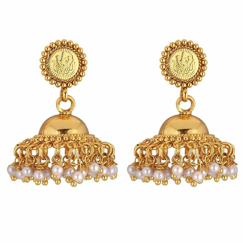 24K Gold Plated Temple Jewellery Laxmi Pendant Necklace Set With Earrings For Women