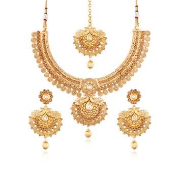 Gold Plated Traditional Necklace Set With Earrings & Maang Tikka For Women Ms115 1
