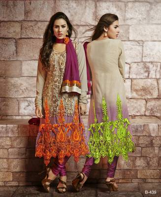 Beige embroidered Georgette stitched salwar with dupatta 1
