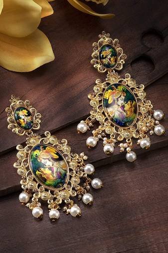 Traditional Navratri Lord Radha-Krishna Pearl Earrings For Women