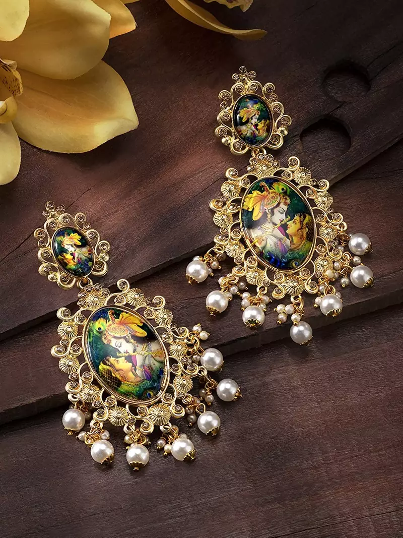 Traditional Navratri Gold Plated Lord Radha-Krishna Pearl Earrings For Women