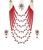 Red Crystal Beads Crystal Layered Long Floral Necklace Set