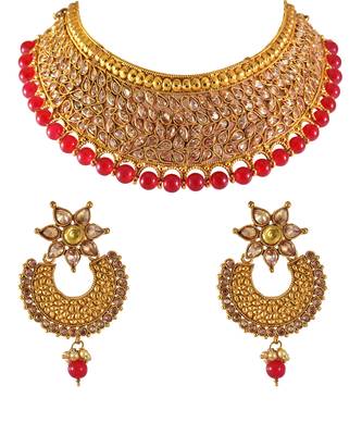 Gold Plated Polki Crystal Choker Red Beads Wedding Necklace Set 1