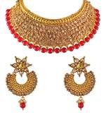 Gold Plated Polki Crystal Choker Red Beads Wedding Necklace Set