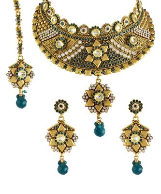 Peacock Green Polki Kundan Stones Choker Wedding Necklace Set 1