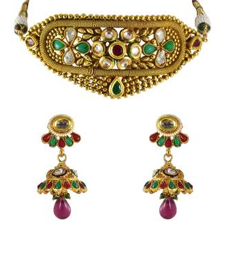 Gold Plated Red Green Polki Kundan Ethnic Choker Necklace Set 1