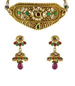 Gold Plated Red Green Polki Kundan Ethnic Choker Necklace Set