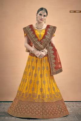 Mustard Embroidered Satin Semi Stitched Lehenga 1