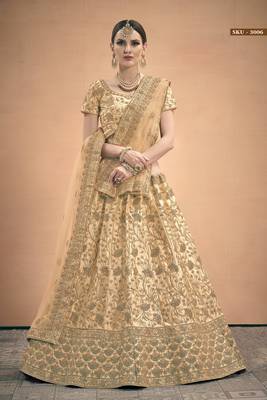 Beige Embroidered Satin Semi Stitched Lehenga 1