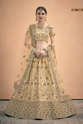 Beige Embroidered Satin Semi Stitched Lehenga 3