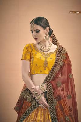 Mustard Embroidered Satin Semi Stitched Lehenga 3