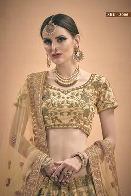 Beige Embroidered Satin Semi Stitched Lehenga 4