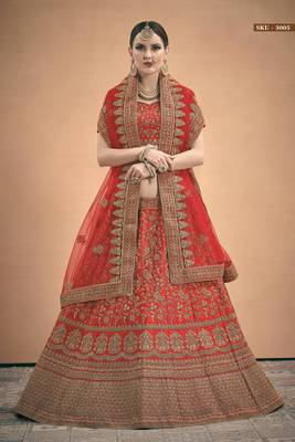 Red Embroidered Satin Semi Stitched Lehenga 1