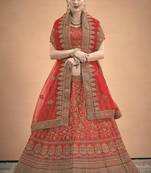 Red Embroidered Satin Semi Stitched Lehenga
