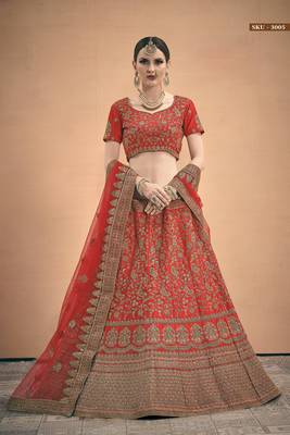 Red Embroidered Satin Semi Stitched Lehenga 2