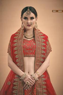 Red Embroidered Satin Semi Stitched Lehenga 3