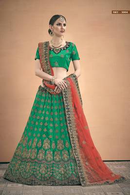 Green Embroidered Satin Semi Stitched Lehenga 1