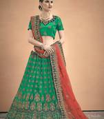 Green Embroidered Satin Semi Stitched Lehenga