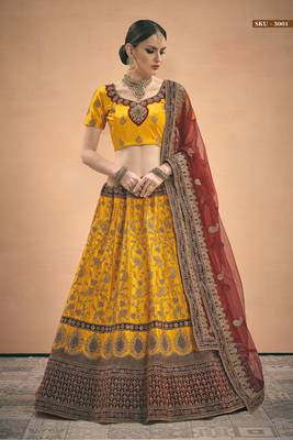 Mustard Embroidered Satin Semi Stitched Lehenga 1